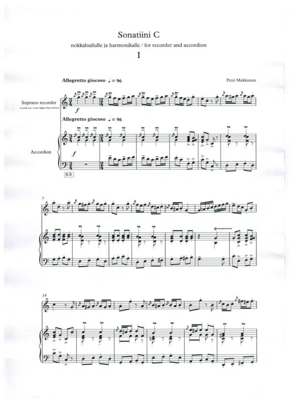 Sonatiini C nokkahuilulle ja harmonikalle / Sonatine in C for recorder and accordion